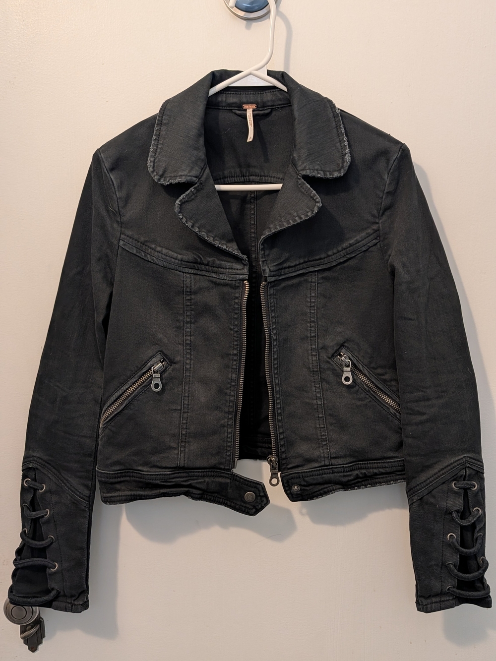 Free People Black Lace-Up Sleeve Cropped Moto Jacket